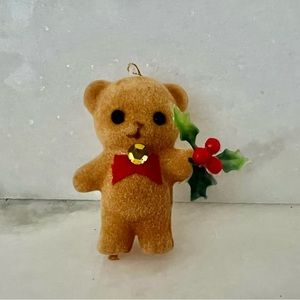 Vintage Standing Flocked Teddy Bear Ornament Holding Holly w/Berries 2.25"